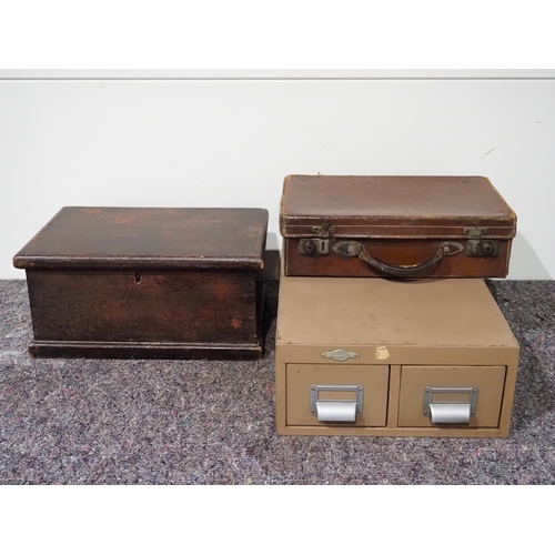 135 - Small metal cabinet, leather briefcase and wooden box