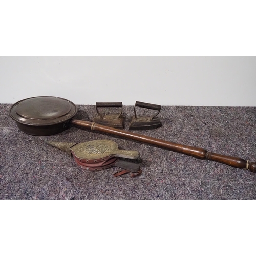 134 - Copper bed warming pan, brass bellows and irons - 2