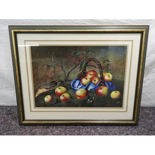 418 - Still life gouache painting of apples in frame signed Christopher Hope 14