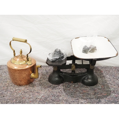 270 - Copper kettle and scales with weights