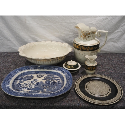 123 - Blue and white china dish, wash stand jug and bowl set, etc.