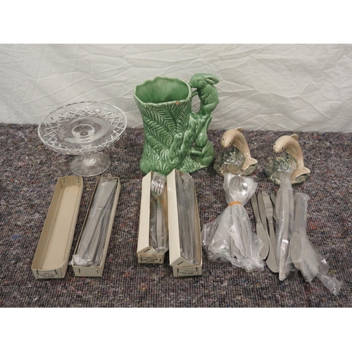 112 - Cut glass dish, rabbit jug, fish ornaments and cutlery