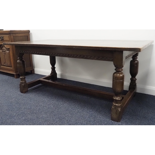 492 - Oak refectory dining table with stretcher H30 