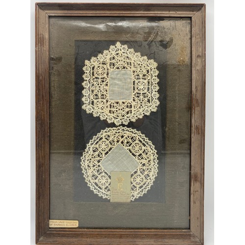 353B - Antique framed lace collar and handkerchiefs believed to have been from the collection of Empress Eu... 