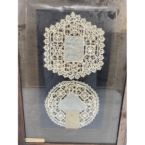 353B - Antique framed lace collar and handkerchiefs believed to have been from the collection of Empress Eu... 