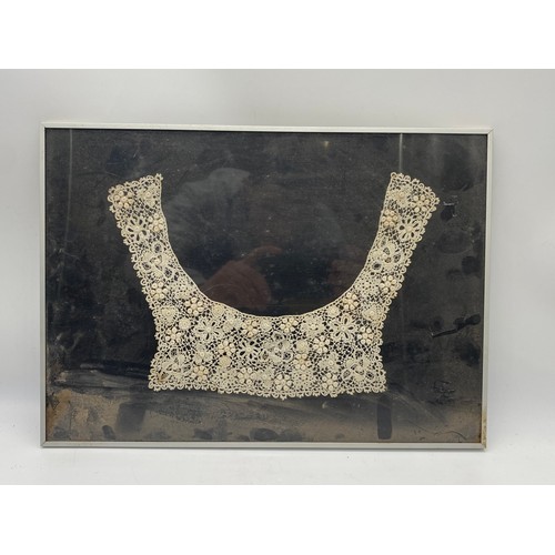 353B - Antique framed lace collar and handkerchiefs believed to have been from the collection of Empress Eu... 