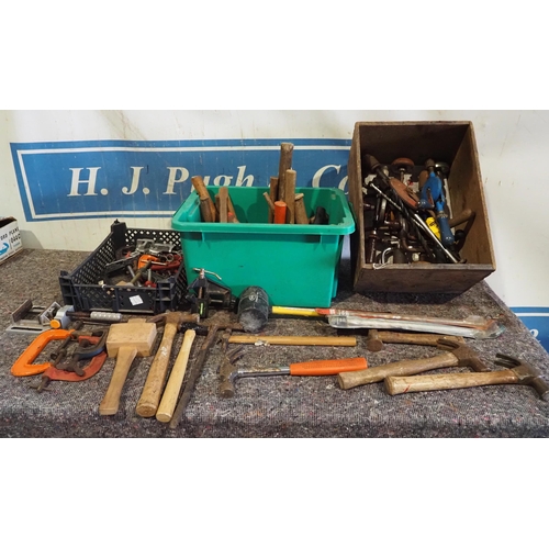 566 - Assorted woodworking tools and clamps to include hammers, hand drills, braces, etc.