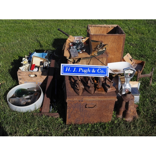 768 - Irons, hopper, scales, fishing rod parts, bottles, etc.