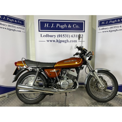 Kawasaki KH 500 motorcycle. 1976. 498cc.
Frame No. H1F-50960
Engine No. KAE121077
This bike was manufactured in 1976 and was kept at Cradley Heath Kawasaki for display purposes until being registered 5/8/1982. Comes with letter from Cradley Heath Kawasaki as proof. Also comes with parts catalogue and owners manual etc.
Genuine low mileage of 9862.
Runs and rides but will need recommissioning.
Reg. AWD 12Y. V5. Keys