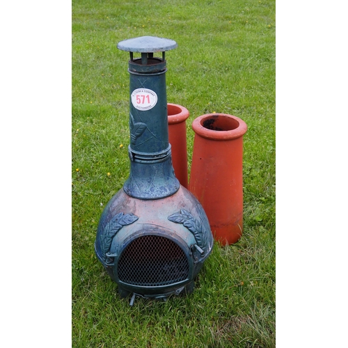 571 - Chiminea and 2 chimney pots