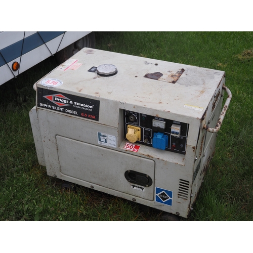 576 - Briggs and Stratton 8.5KVA super silent diesel generator. Key in office