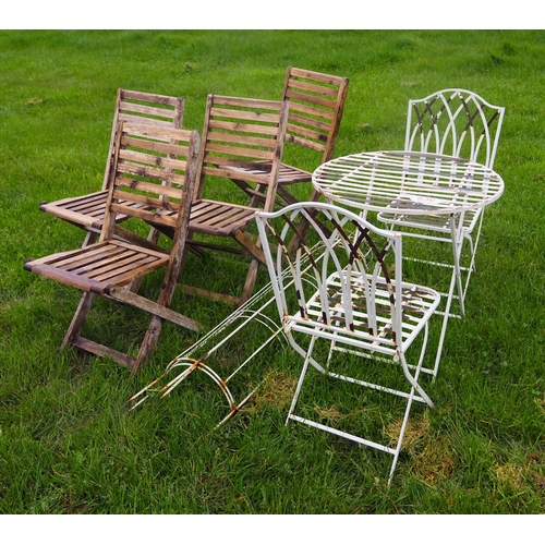 636 - Garden bistro table and chairs, plant frame and 4 wooden chairs