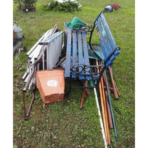 692 - Garden bench, ladders and tools