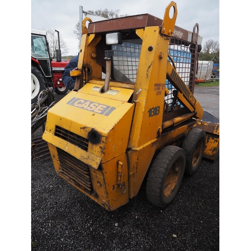 1623 - Case 1818 skid steer with bucket, pallet tines, grab and drawbar. Key in office