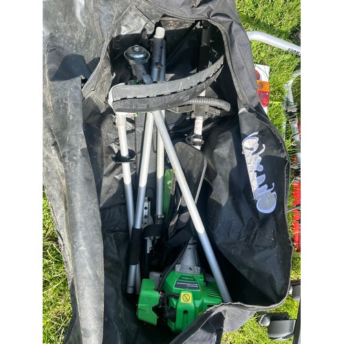 257 - Garden multi-tool - strimmer, hedge trimmer in bag, light boards and bike stand