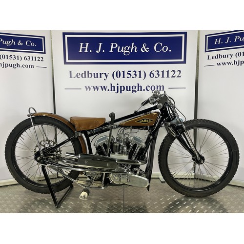 James Speedway motorcycle. 1930. 
Believed ridden by Norman Humphrey.
Frame - James (England) B6 Speedway model 
Engine - James 500cc v-twin super sports, 28 bhp and 5500 rpm 
Clutch - James, all metal multiplate 
Carburettor - Twin Amac, single float on each 
Fuel - PMS or RDI 
The 1930 version of the James dirt track machines saw a totally redesigned engine and frame. The centre of gravity was much lower than the short lived 29 model and the engine stronger and more powerful.