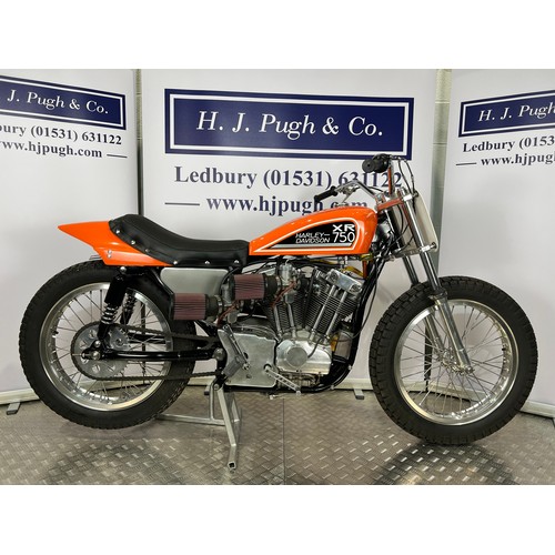 Harley-XR 750 flat track motorcycle. 1978
Frame - HD XR750 (USA) the iconic mile and half mile flat tracker
Engine - HD 750cc vee-twin all alloy motor, 88bhp and 7900 rpm. Engine No. 1C10020H0
Clutch - Harley Davidson, multiplate 
Carburettor - Twin Mikunis 
Fuel - Phillips 66, min 108 octane 
By 1978 brakes could be legally used on the American flat tracks but they were optional, as seen here this bike is set up for half mile tracks state side and they ruled the dirt for about a 20 year period. They had a top speed of around 120 mph. c/w Harley Davidson XR 750 service manual and other photos from adverts.