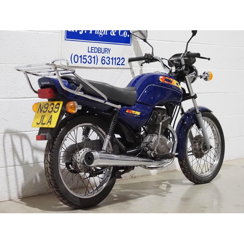 1013 - Honda CG125 motorcycle. 1996. 124cc. 
Frame No. 9C2JC1821SR011109
Engine No. JC18E5007270
Runs and r... 