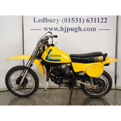 926 - Suzuki RM60 childs scrambler. 1981.
Frame No. RM60 -100061
Engine No. RM60-100149
Engine turns over ... 