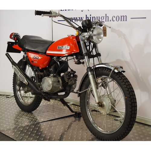 928 - Suzuki TS50 motorcycle. 1971. 49cc. 
Frame No. TS50-16886
Engine number does not match V5. 
Runs and... 