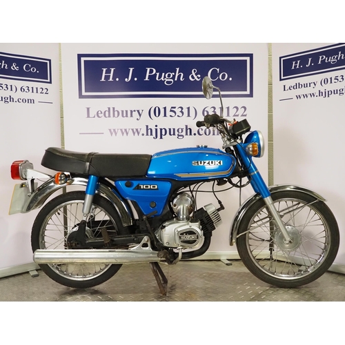 987 - Suzuki A100 motorcycle. 1980. 98cc.
Frame No. 460714
Engine No. 652149
Runs and rides. 
Reg. LFA 617... 