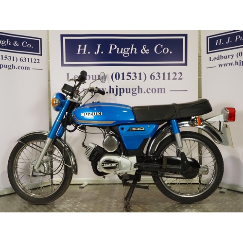 987 - Suzuki A100 motorcycle. 1980. 98cc.
Frame No. 460714
Engine No. 652149
Runs and rides. 
Reg. LFA 617... 