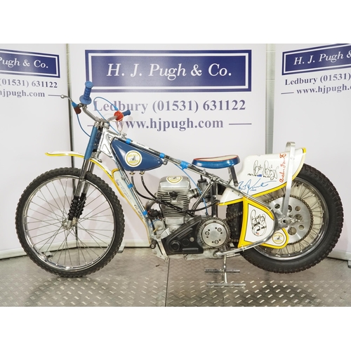 734 - Jawa Golden Greats Speedway motorcycle. 
1989.
Believed ridden by Ivan Mauger, Barry Briggs and Ray ... 
