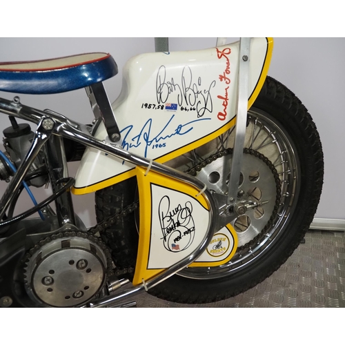 734 - Jawa Golden Greats Speedway motorcycle. 
1989.
Believed ridden by Ivan Mauger, Barry Briggs and Ray ... 