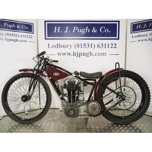 808 - L.W.S-J.A.P Speedway motorcycle. 1948.
Believed ridden by Les Wotton.
Frame - L.W.S (England), a pos... 