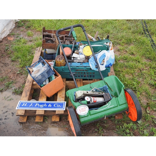592 - Pallet of miscellaneous tools and seeder