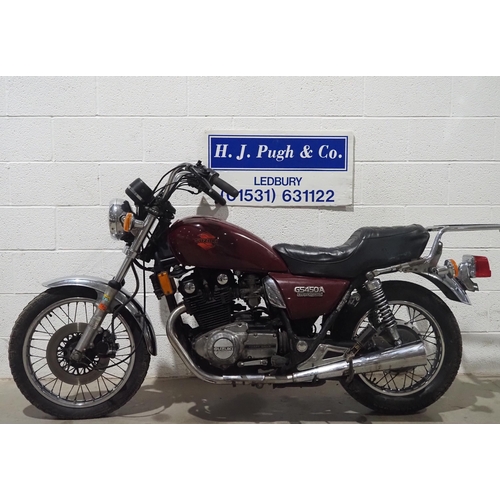 1054 - Suzuki GS450 motorcycle. 
Runs but will require recommissioning. Import. 
Come with Nova document. K... 