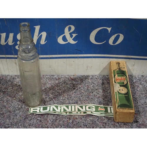 476 - Essolube glass oil bottle, Castrolease grease bottle box and small Castrol paper banners
