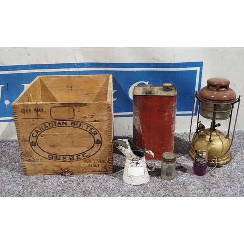 484 - Wooden crate marked Canadian Butter Quebec and assorted cans and lamp