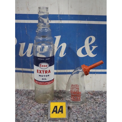 485 - Esso Extra motor oil glass bottle and Lucas battery filler glass bottle