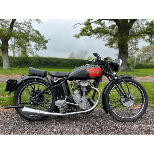 Excelsior Manxman motorcycle. 1939. 350cc. 
Frame No. JM85
Engine No. CXC135
Runs and rides but not ridden since summer 2022 and so may require some light recommissioning. Recent restoration. Overhead valve engine and matching numbers bike. Complete with Buff logbook, The Manxman handbook and various history including MOT test certificates and invoices. Believed to have been the last bike to leave the factory. Was in the same ownership from 1949 to 2012, originally purchased shortly before WWII and  stored in a garage in North London while the owner went to war. Sadly he never returned and the bike remained in storage until 1949. This machine was restored over a 2 year period and ridden in the isle of Mann in 2015 on the closed road parade lap. Only 4 Owners from new. 
Reg. BFE 84. V5.
