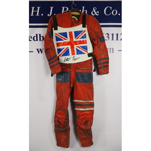 357 - Speedway race leathers with team Great Britain race vest signed Arthur Price