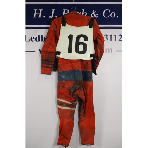 357 - Speedway race leathers with team Great Britain race vest signed Arthur Price