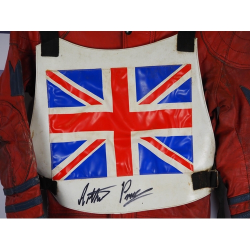 357 - Speedway race leathers with team Great Britain race vest signed Arthur Price