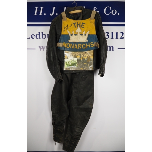 358 - Speedway leathers with Edinburgh Monarchs race vest signed Jimmy Tannock with photograph of the team... 