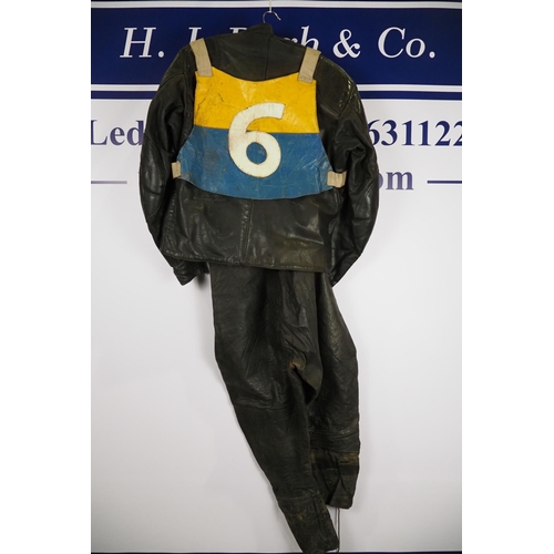 358 - Speedway leathers with Edinburgh Monarchs race vest signed Jimmy Tannock with photograph of the team... 