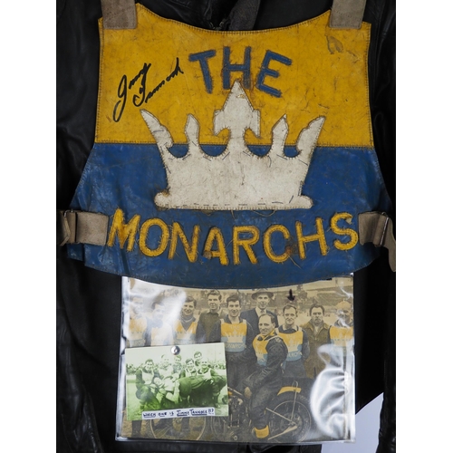 358 - Speedway leathers with Edinburgh Monarchs race vest signed Jimmy Tannock with photograph of the team... 