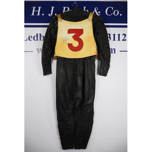 359 - Speedway race leathers, goggles with Wembley Lions race vest signed Ove Fundin. Ove wore these leath... 