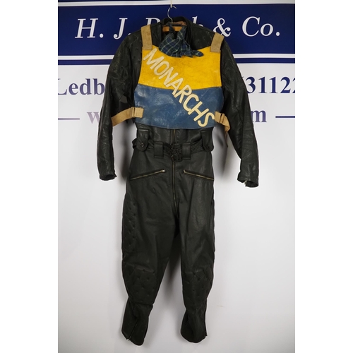 360 - Speedway race leathers with Edinburgh Monarchs race vest worn by Jack young when he won his first Wo... 