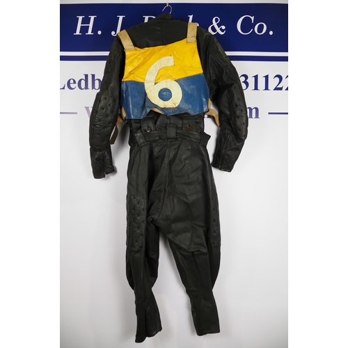 360 - Speedway race leathers with Edinburgh Monarchs race vest worn by Jack young when he won his first Wo... 