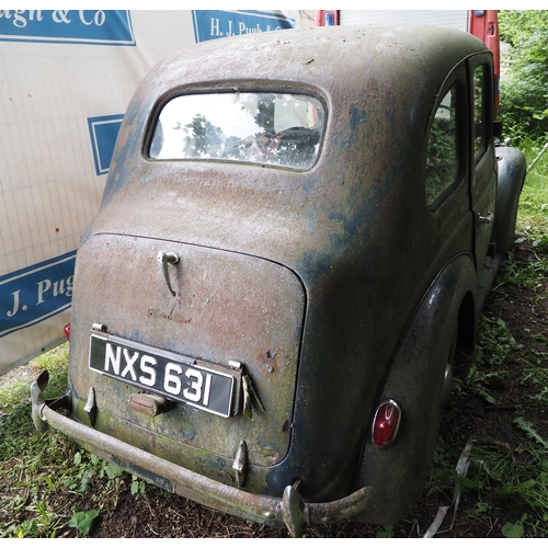 184 - Austin 8 saloon car. 1946. 900cc. Petrol 
In need of restoration. Showing 10,588 Miles. Reg NXS 631.... 