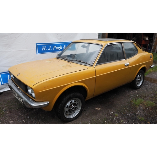Fiat 128 SL 1300 2 door hatchback. 1972. 1290cc. Petrol. 
Running when stored. Fitted with black leather interior. Showing 63,855 Miles. Solid underneath and waxed, new clutch, head gasket, etc. Brakes and suspension good, new battery needed to run. S/n 12AC0028098. Reg BRU 862L. C/w workshop manual. Key in office