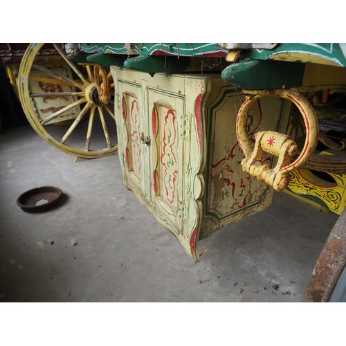 153 - Original bow top living wagon. Furnished with bed and other items. Fitted with new canvas