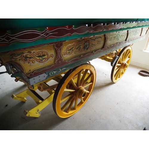 153 - Original bow top living wagon. Furnished with bed and other items. Fitted with new canvas