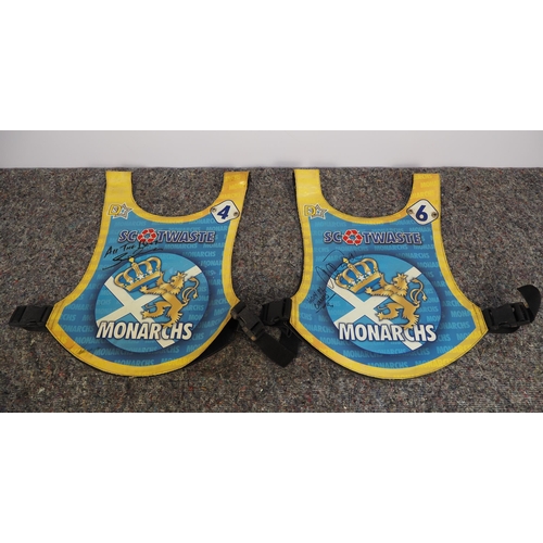 344 - 2 Speedway race vests - Edinburgh Monarchs signed by Aaron Fox and 1 other