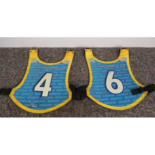 344 - 2 Speedway race vests - Edinburgh Monarchs signed by Aaron Fox and 1 other